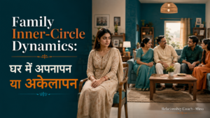 A newly married Indian woman sitting separately while family members talk, feeling like an outsider in a living room.