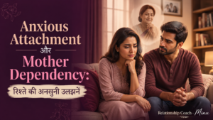 An Indian middle-class couple (aged 25-35) sitting together in a warm, well-lit living room discussing relationship challenges.